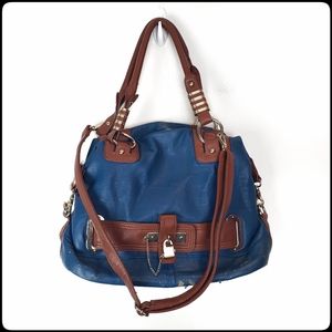 Teal Blue and Brown Strapped Hobo Gold Hardware Bag
